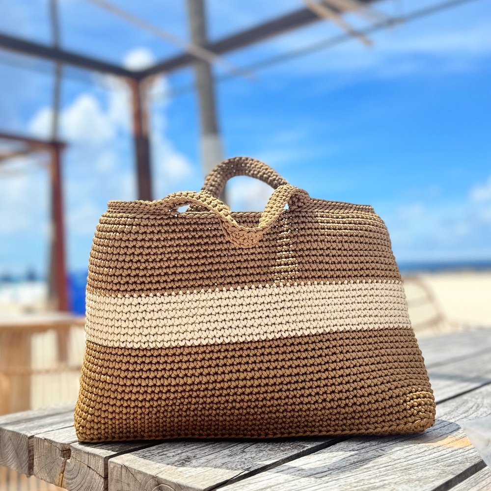 Stylish Tan and Cream Hand Crocheted Tote Bag
